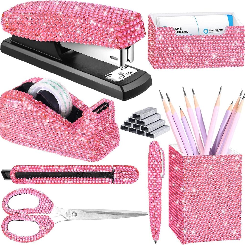 NEW Sparkling Bling Swarovski Crystal Rhinestone Desk Set Pink Or Silver + Gift! - Picture 2 of 2